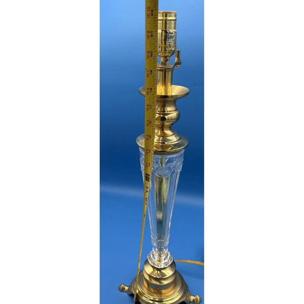 VTG Brass & Pressed Glass Table Lamp Hollywood Regency Footed Base No Shade